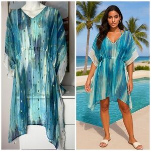 Vince Camuto Blue Ombre Metallic Chiffon Sheer Cover Up V-Neck Dress One Size